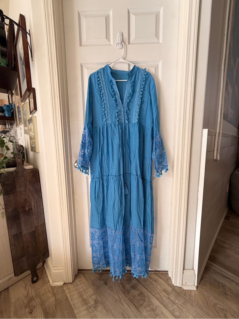 Boho Blue Embroidered Maxi Dress with Lace Trim